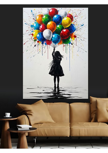 Balon Tutan Küçük Kız Dekoratif Kanvas - Mdf Ahşap Tablo
