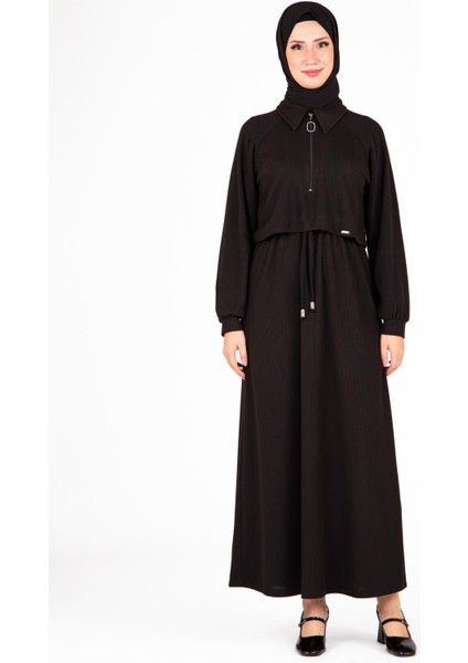 Ön Kısmı Fermuarlı Örme Siyah Elbise 9448 fiyatları