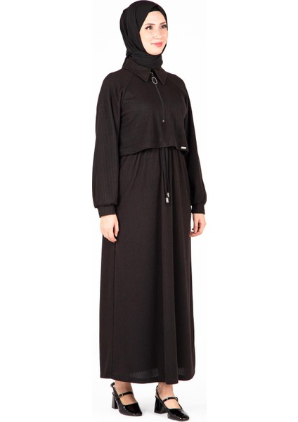 Ön Kısmı Fermuarlı Örme Siyah Elbise 9448 modelleri