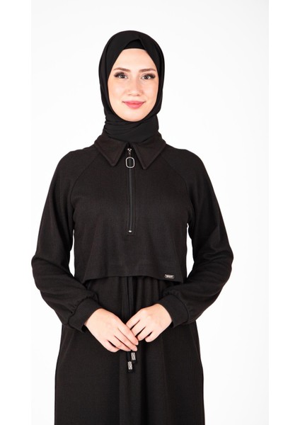 Ön Kısmı Fermuarlı Örme Siyah Elbise 9448 indirimleri