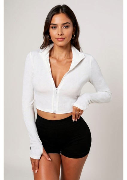 Kadın Beyaz Uzun Kol Fermuarlı Parmak Geçme Detaylı Dik Yaka Crop Top Bluz fiyatları