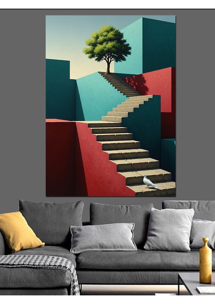 Merdivenli Soyut Geometrik Peyzaj Dekoratif Kanvas - Mdf Ahşap Tablo
