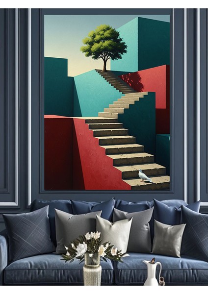Merdivenli Soyut Geometrik Peyzaj Dekoratif Kanvas - Mdf Ahşap Tablo fiyatları
