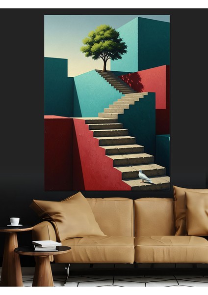 Merdivenli Soyut Geometrik Peyzaj Dekoratif Kanvas - Mdf Ahşap Tablo fırsatları