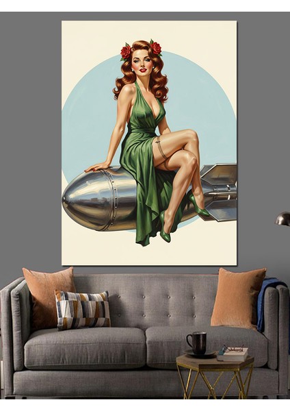 Yeşil Elbiseli Pin-Up Kadın Dekoratif Kanvas - Mdf Ahşap Tablo