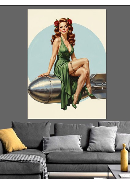 Yeşil Elbiseli Pin-Up Kadın Dekoratif Kanvas - Mdf Ahşap Tablo fiyatları