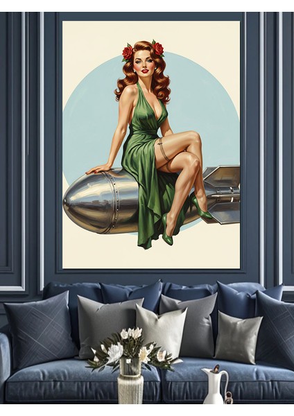Yeşil Elbiseli Pin-Up Kadın Dekoratif Kanvas - Mdf Ahşap Tablo modelleri