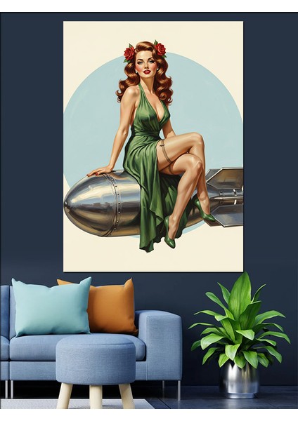 Yeşil Elbiseli Pin-Up Kadın Dekoratif Kanvas - Mdf Ahşap Tablo fırsatları