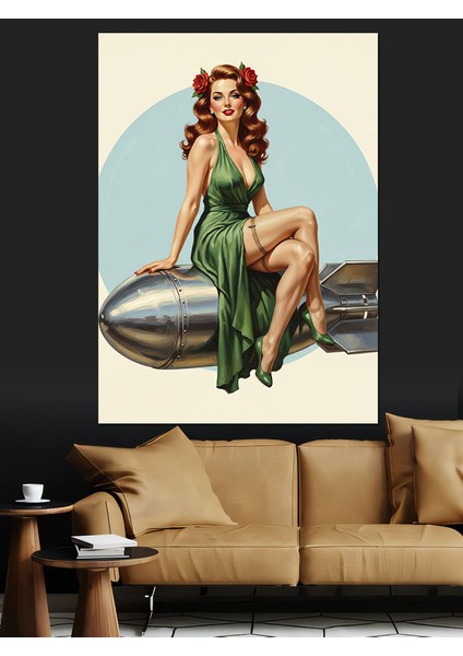Yeşil Elbiseli Pin-Up Kadın Dekoratif Kanvas - Mdf Ahşap Tablo indirimleri