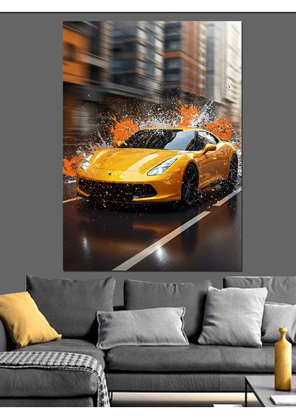 Parlak Sarı Spor Araba Dekoratif Kanvas - Mdf Ahşap Tablo