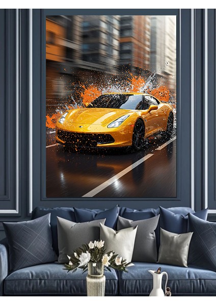 Parlak Sarı Spor Araba Dekoratif Kanvas - Mdf Ahşap Tablo fiyatları