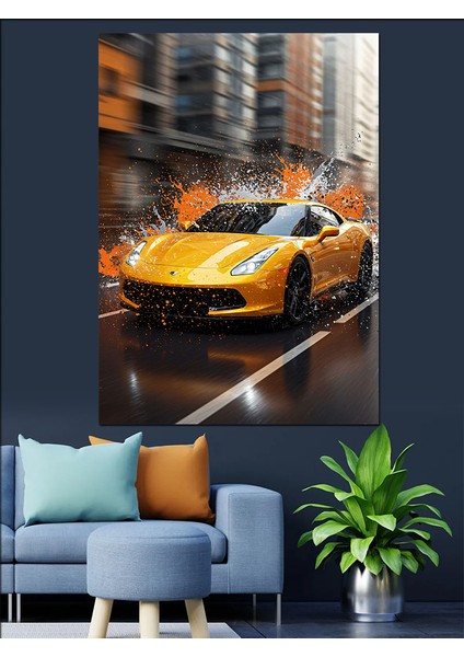 Parlak Sarı Spor Araba Dekoratif Kanvas - Mdf Ahşap Tablo modelleri