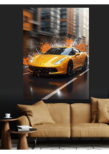 Parlak Sarı Spor Araba Dekoratif Kanvas - Mdf Ahşap Tablo fırsatları