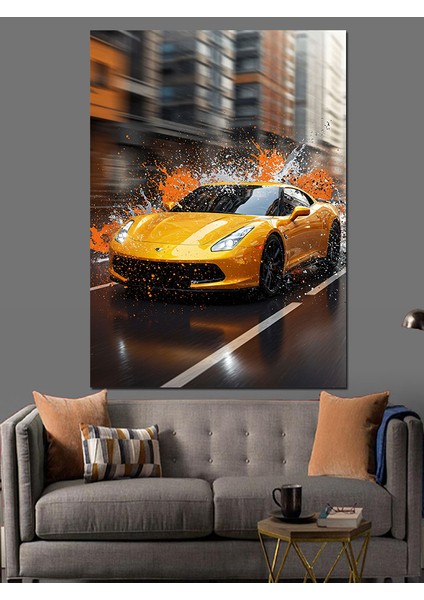 Parlak Sarı Spor Araba Dekoratif Kanvas - Mdf Ahşap Tablo indirimleri