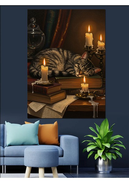 Mum Işığında Uyuyan Kedi Dekoratif Kanvas - Mdf Ahşap Tablo