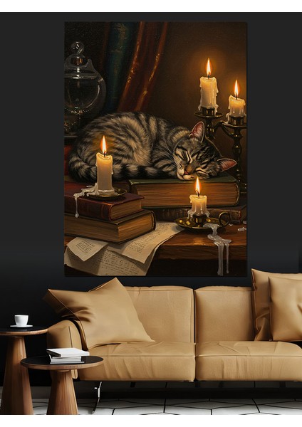 Mum Işığında Uyuyan Kedi Dekoratif Kanvas - Mdf Ahşap Tablo fiyatları