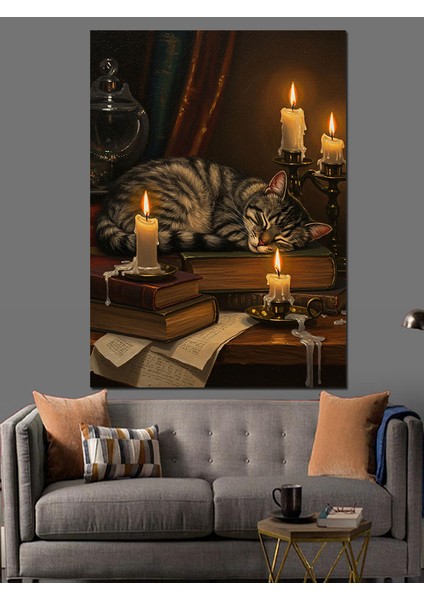 Mum Işığında Uyuyan Kedi Dekoratif Kanvas - Mdf Ahşap Tablo modelleri