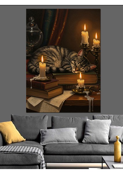 Mum Işığında Uyuyan Kedi Dekoratif Kanvas - Mdf Ahşap Tablo fırsatları