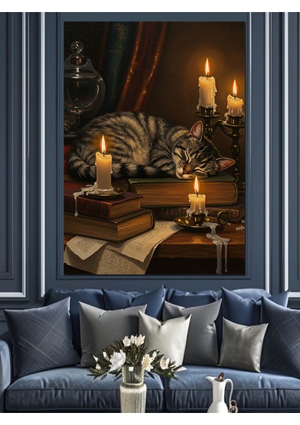 Mum Işığında Uyuyan Kedi Dekoratif Kanvas - Mdf Ahşap Tablo indirimleri