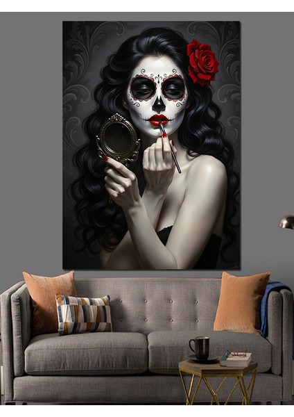 Şeker Kafatası Güllü Kadın Dekoratif Kanvas - Mdf Ahşap Tablo