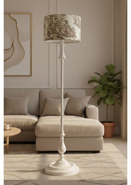 Vintage Kahverengi Tole De Jouy Bej Metal Ayak Lambader