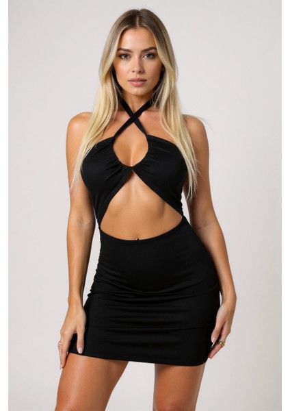 Kadın Siyah Sırt ve Göğüs Dekolteli Boyundan Bağlamalı Gecelik – Modern ve Şık Tasarım