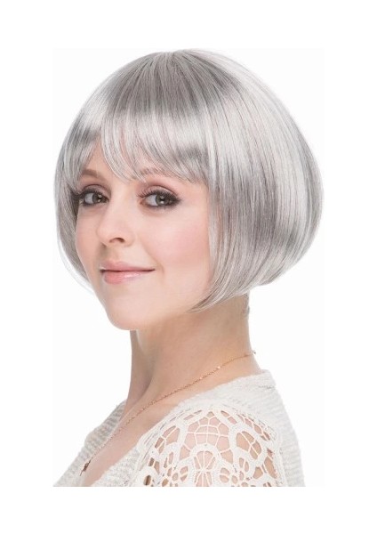 Gri Gümüş Renk Düz Kesim Astarlı Küt Parti Peruğu