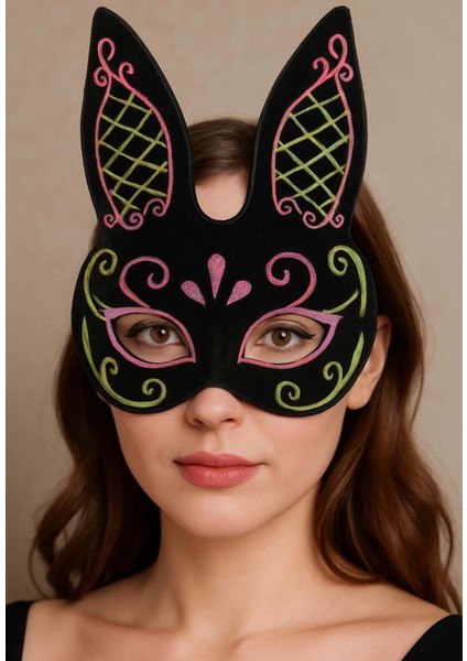 Siyah Renk Pembe Gold Simli Siyah Süet Kaplama Tavşan Maskesi 18X16 cm