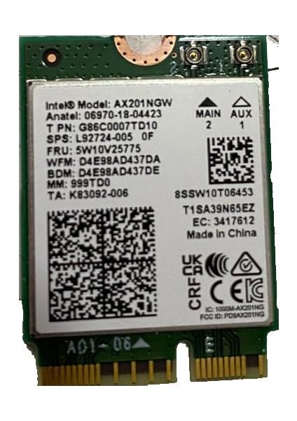 Intel Wi-Fi 6 AX201 Bluetııth 5.0 Wifi Kart (Anten Yok)