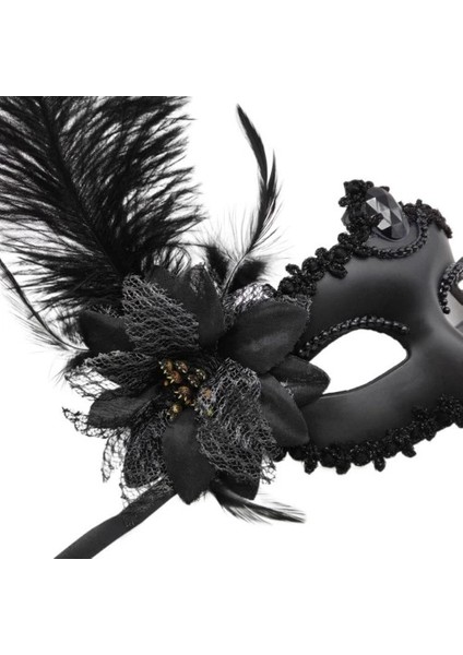 Siyah Mat Renk Yandan Tüylü Güllü Parti Balo Venedik Maskesi modelleri
