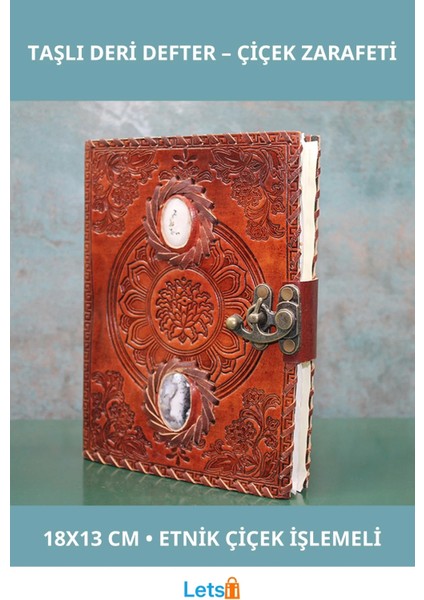 Etnik Çiçek Işlemeli Taşlı Deri Defter 18X13 cm