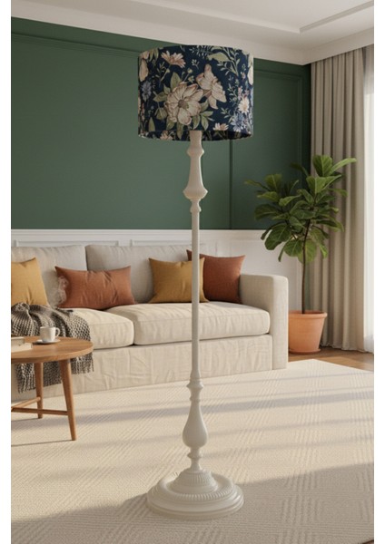 Lacivert Çiçek Desen Bej Metal Lambader