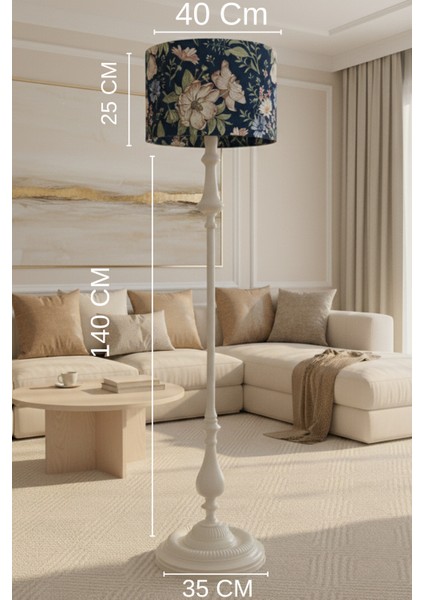 Lacivert Çiçek Desen Bej Metal Lambader fırsatları