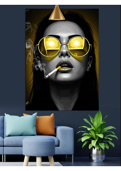 Sarı Gözlüklü Kadın Portresi Dekoratif Kanvas - Mdf Ahşap Tablo