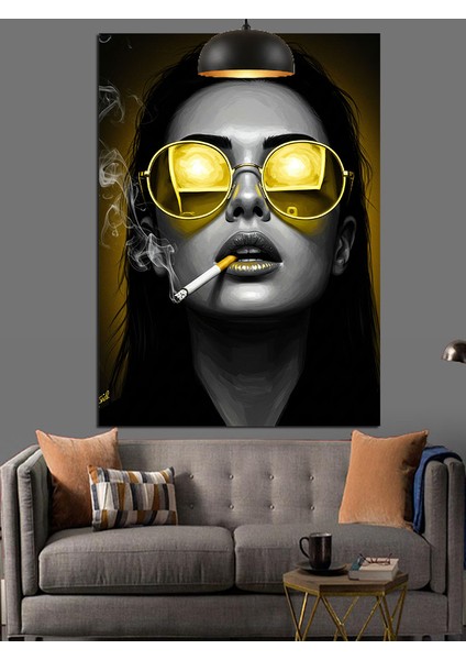Sarı Gözlüklü Kadın Portresi Dekoratif Kanvas - Mdf Ahşap Tablo indirimleri