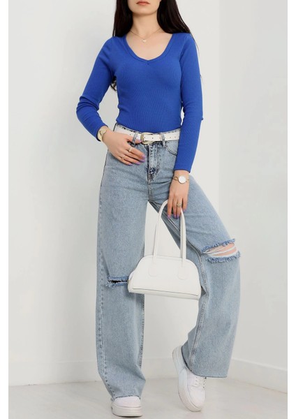 V yaka kaşkorse bluz saks mavisi a3699 fırsatları