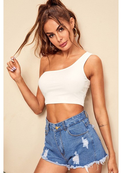 Kadın Beyaz Tek Omuz Crop Büstiyer – Modern ve Şık Tasarım