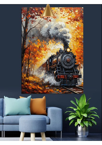 Sonbaharda Buharlı Kara Tren Dekoratif Kanvas - Mdf Ahşap Tablo