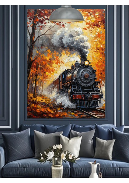 Sonbaharda Buharlı Kara Tren Dekoratif Kanvas - Mdf Ahşap Tablo fırsatları