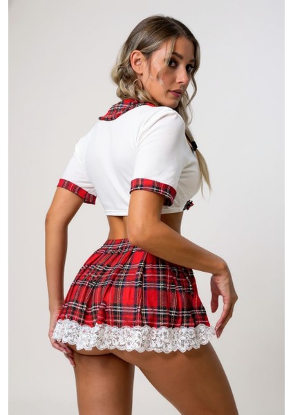 Kadın Beyaz Dantelli Ekoseli Etek ve Büstiyerli Tanga Külotlu Liseli Kostümü – Modern ve Şık Tasarım indirimleri