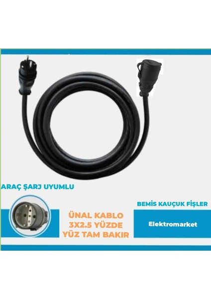 Kauçuk Fişli Araç Şarjı Uyumlu 10-50 Metre Arası (3x2.5 Ttr Ünal Kablolu Tam Bakır) Uzatma Seyyar