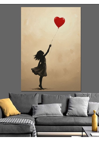 Kırmızı Kalpli Uçan Balon Dekoratif Kanvas - Mdf Ahşap Tablo fiyatları