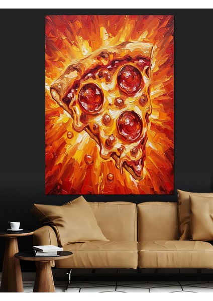 Alevli Pizza Illüstrasyonu Dekoratif Kanvas - Mdf Ahşap Tablo