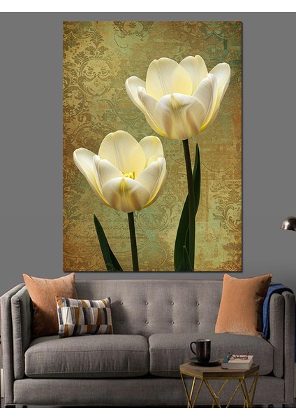 Beyaz Lale Çiçek Demeti Dekoratif Kanvas - Mdf Ahşap Tablo