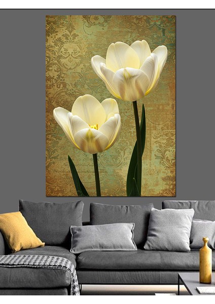 Beyaz Lale Çiçek Demeti Dekoratif Kanvas - Mdf Ahşap Tablo fiyatları