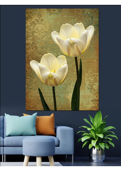 Beyaz Lale Çiçek Demeti Dekoratif Kanvas - Mdf Ahşap Tablo fırsatları