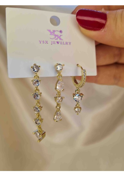 Gold Zirkon Taşlı 3’lü Salkım Küpe Seti – Işıltılı Minimal Asimetrik Küpe Kombini