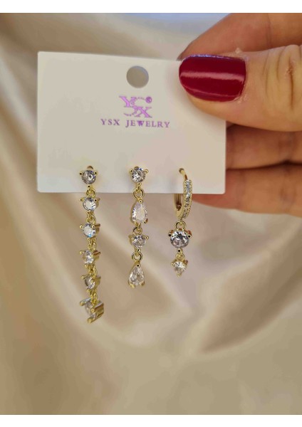 Gold Zirkon Taşlı 3’lü Salkım Küpe Seti – Işıltılı Minimal Asimetrik Küpe Kombini fiyatları