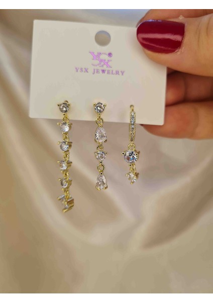 Gold Zirkon Taşlı 3’lü Salkım Küpe Seti – Işıltılı Minimal Asimetrik Küpe Kombini modelleri