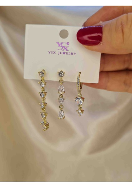Gold Zirkon Taşlı 3’lü Salkım Küpe Seti – Işıltılı Minimal Asimetrik Küpe Kombini indirimleri